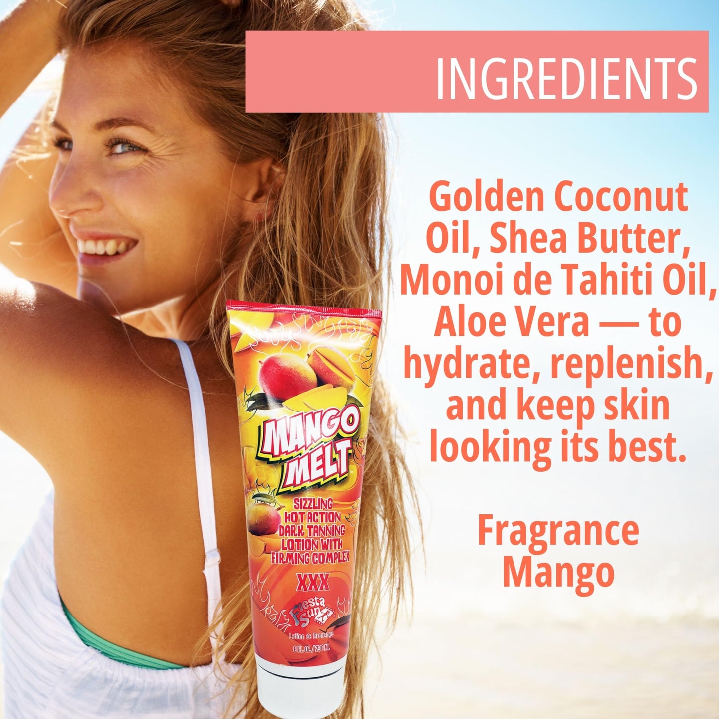 Fiesta Sun Mango Melt Sizzling Hot Action Dark Tanning Lotion, 8 fl oz, For Indoor or Outdoor Sunning