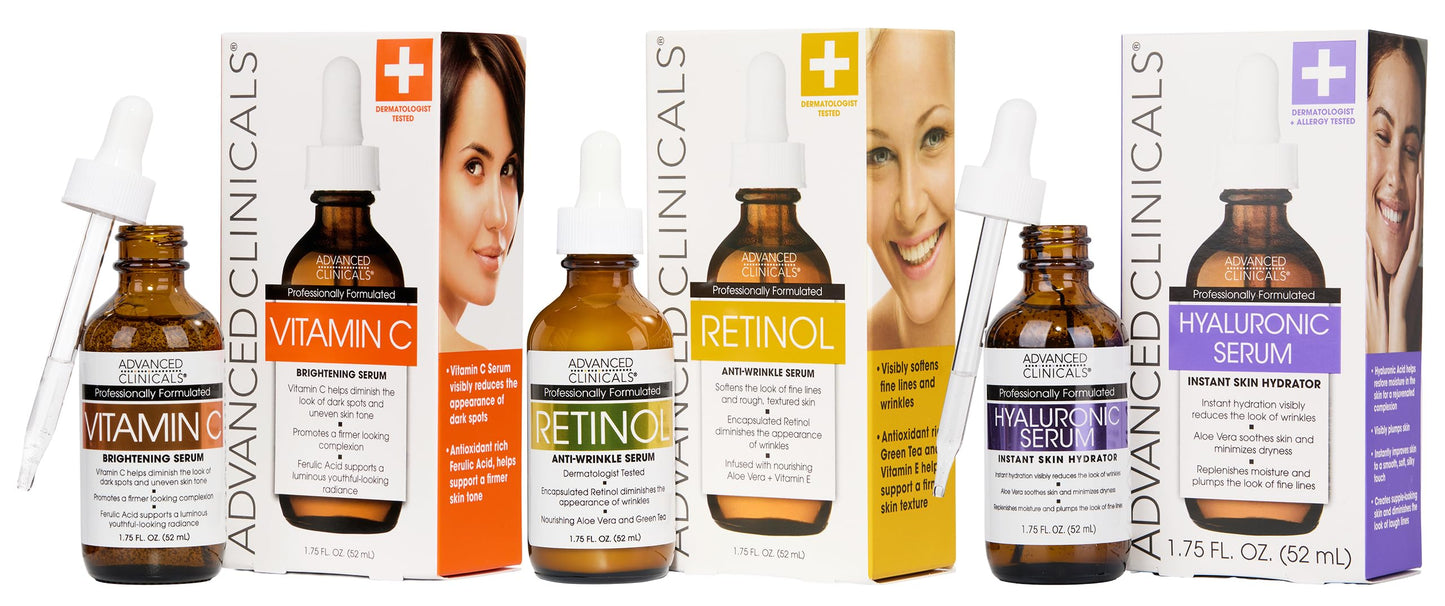 Advanced Clinicals Retinol Serum For Face + Hyaluronic Acid Moisturizer + Vitamin C Serum 3PC Skincare Set For Women & Men | Anti Aging Serums