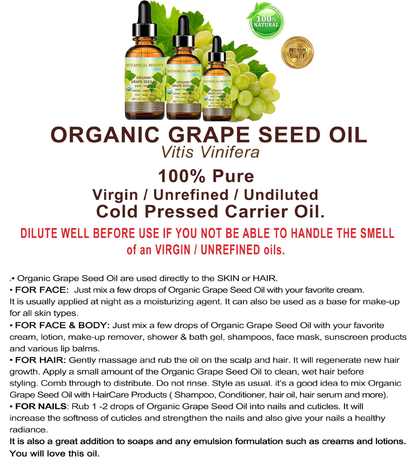 Botanical Beauty Organic GRAPE SEED OIL 100% Pure Natural VIRGIN UNREFINED Cold-Pressed Carrier Oil for Face, Skin, Body, Hair, Lip, Nails, Massage