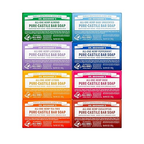 Dr. Bronner's Pure-Castile Magic Bar Soap (5 oz Variety Pack) Almond, Unscented, Lavender, Peppermint, Citrus, Rose, Tea Tree, & Eucalyptus - Made