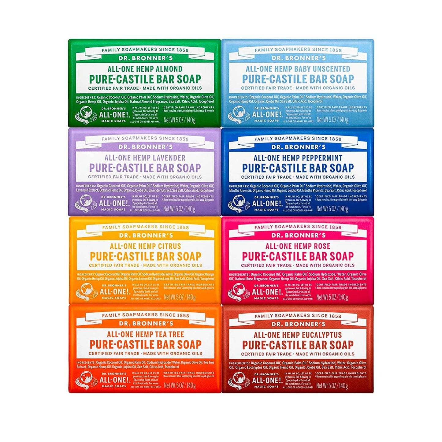 Dr. Bronner's Pure-Castile Magic Bar Soap (5 oz Variety Pack) Almond, Unscented, Lavender, Peppermint, Citrus, Rose, Tea Tree, & Eucalyptus - Made