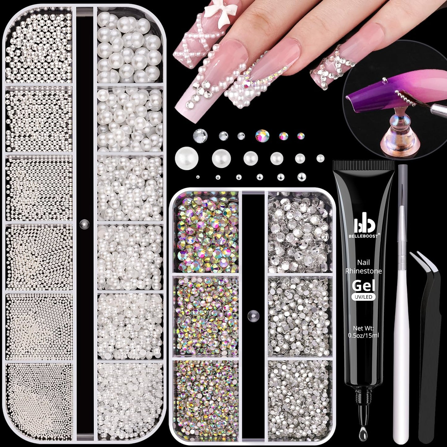 Flatback Pearls (White) And Metal Nail Beads (Silver) And Glass Rhinestones (Clear+AB) With Rhinestones Glue Gel For Nail Art, Pearl Nail Charms Beauty and Personal Care BELLEBOOST Default Title