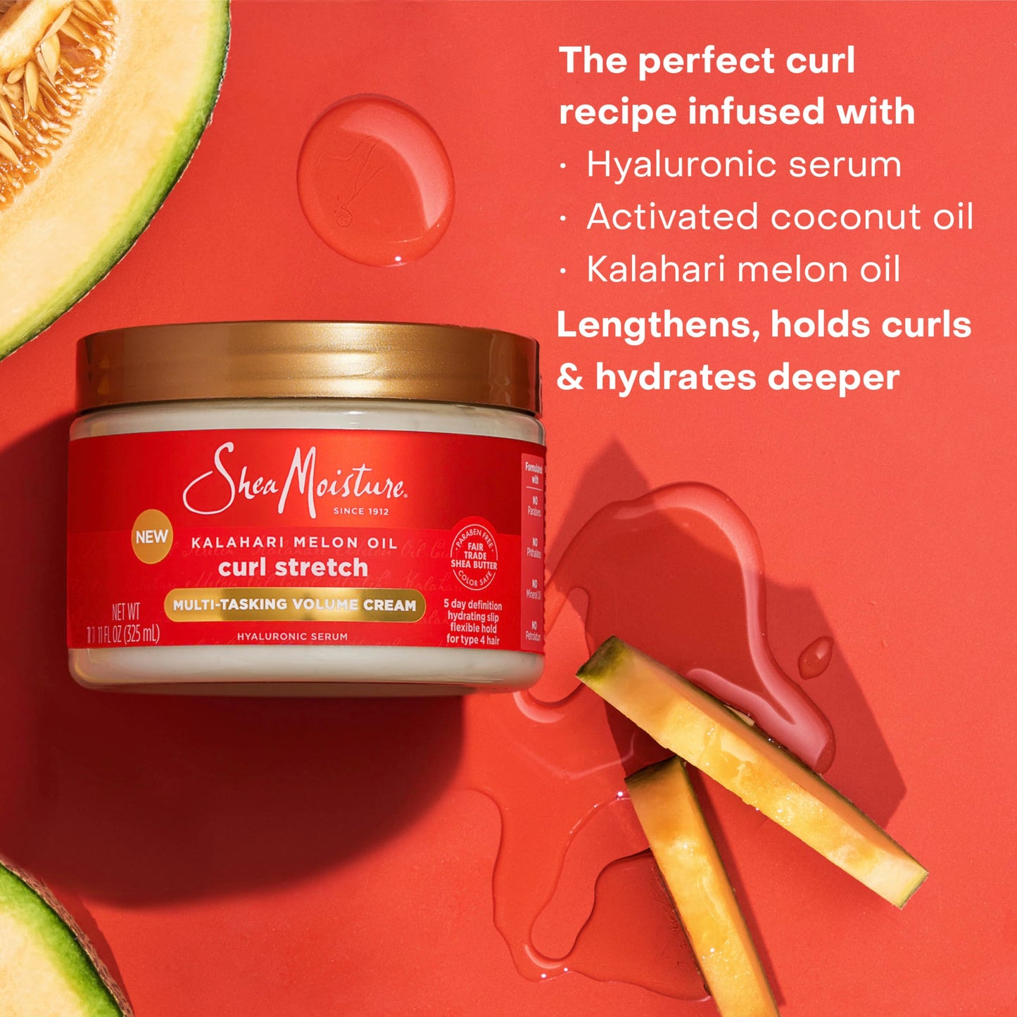 SheaMoisture Curl Stretch Multi-tasking Volume Cream Kalahari Melon Oil and a Tropical Vacation Scent With Hydrating Hyaluronic Serum, Defines Type 4