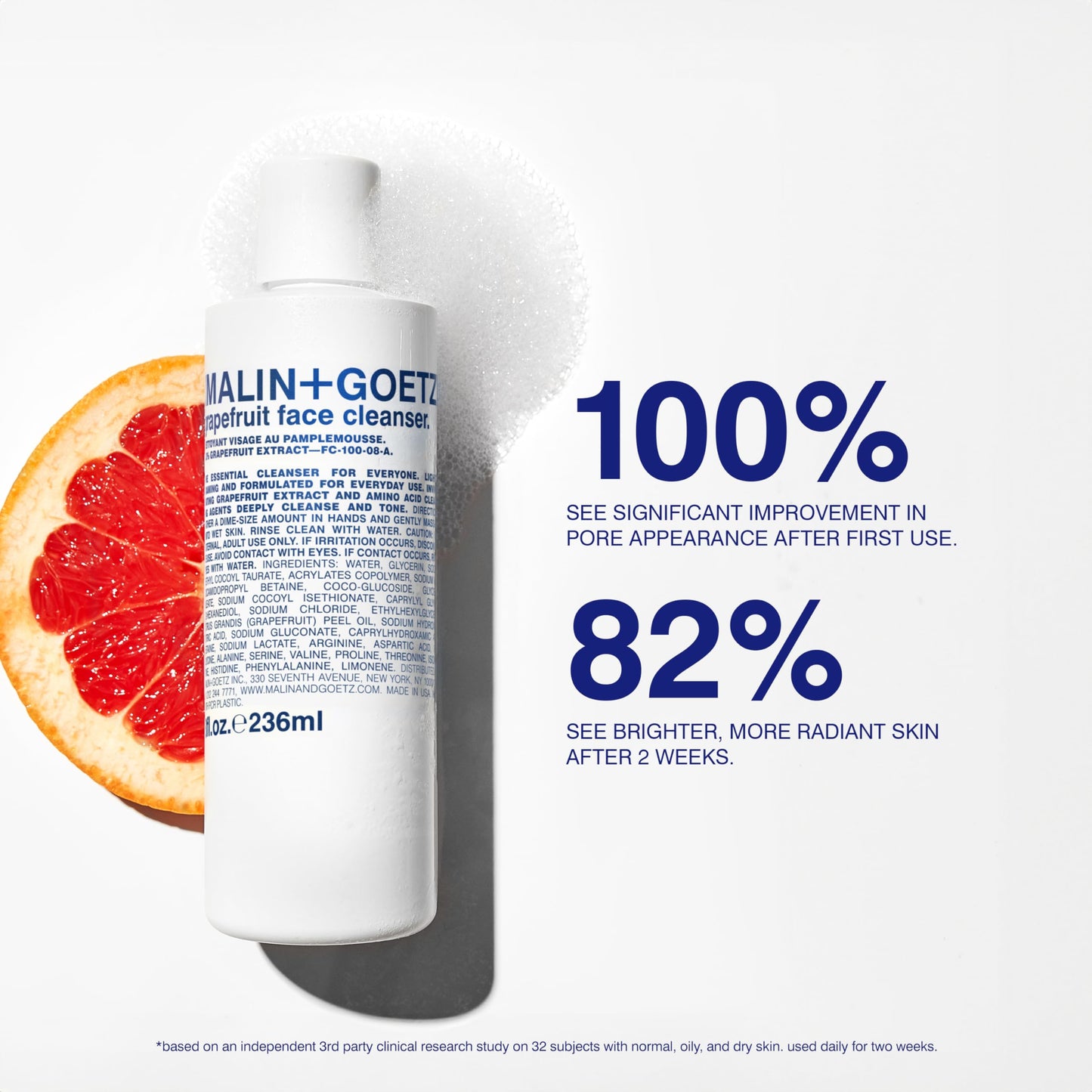 MALIN+GOETZ Grapefruit Face Cleanser | Gentle 3-in-1 Foaming Gel Vitamin-Rich Grapefruit, Amino Acids + Coconut-Based Surfactants | Purifies, Balances