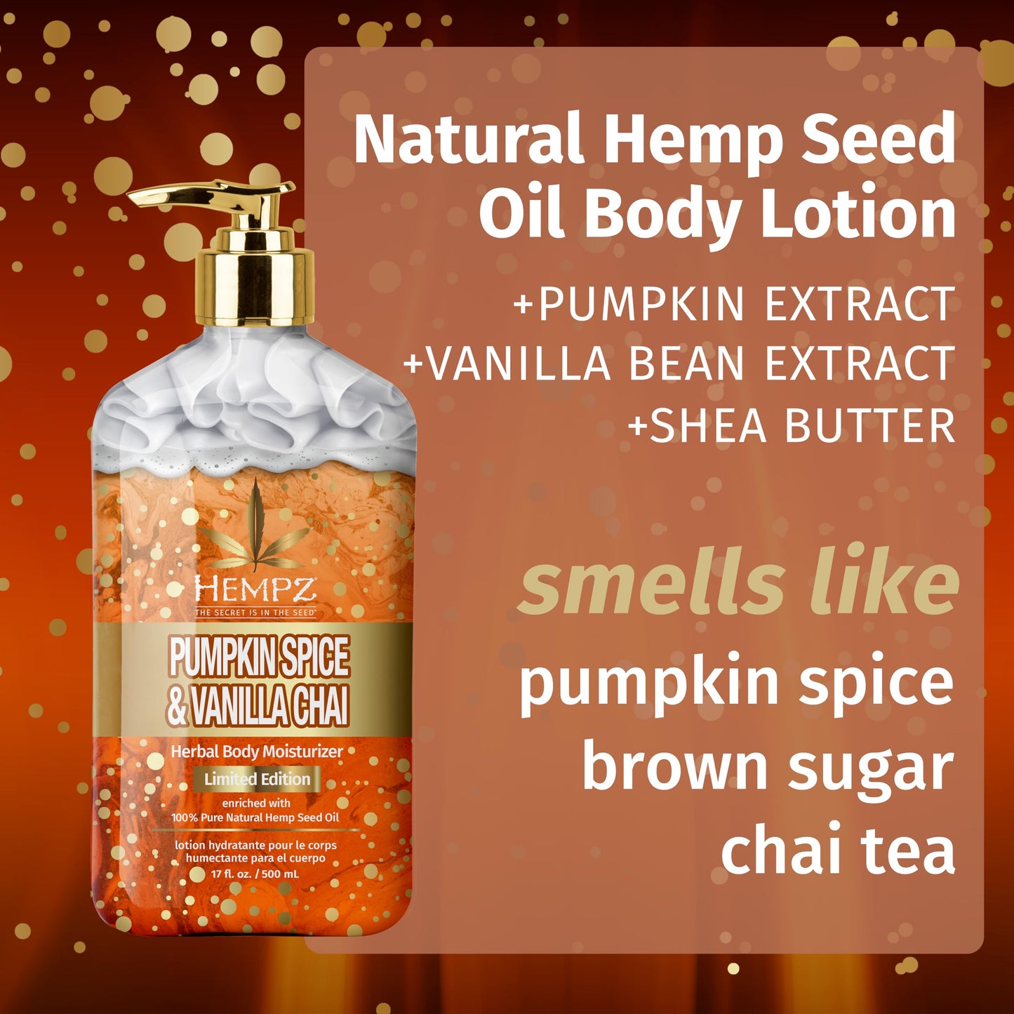 Limited Edition Pumpkin Spice & Vanilla Chai Herbal Moisturizing Body Lotion (17 oz) - Fall Scented for Women or Men with Dry or Sensitive Skin