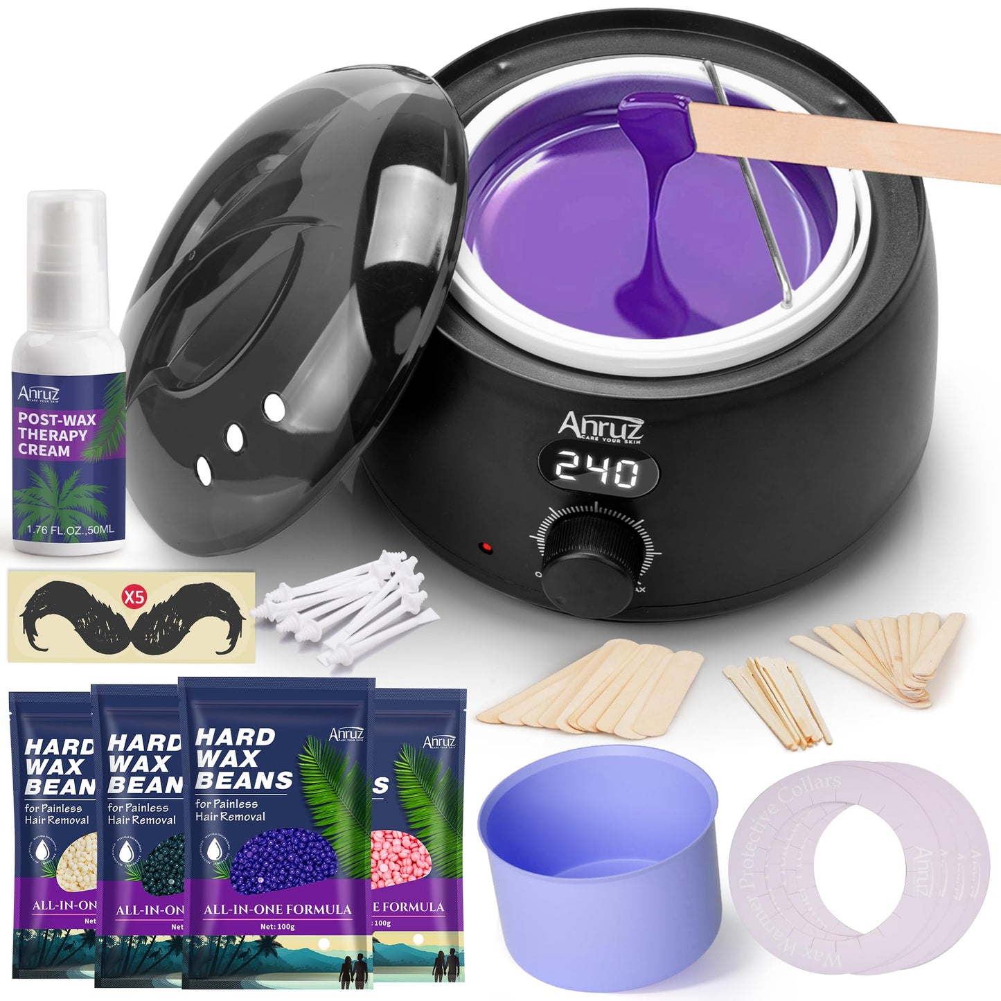 Waxing Kit- Anruz Women Men Wax Kit for Hair Removal - For Sensitive Skin, Eyebrows, Brazilian, Face, Bikini - Home Use Digital Wax Warmer with 5 Bags Beauty and Personal Care ANRUZ Default Title