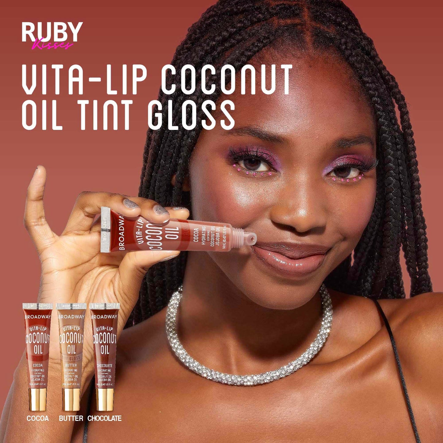 Ruby Kisses Broadway Vita-Lip Tinted Lip Gloss Set (3 Pack Cocoa, Butter, Chocolate) Ultra-Hydrating Coconut + Jojoba Oil & Soothing Formula