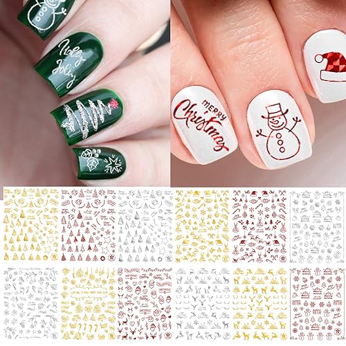 Adurself 12 Sheets Christmas Nail Art Decals Xmas 3D Nail Self-Adhesive Stickers Santa Claus Reindeer Snowflakes Snowmen for Women Girls Kids
