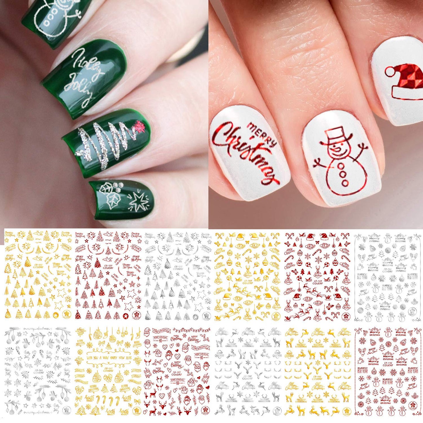 Adurself 12 Sheets Christmas Nail Art Decals Xmas 3D Nail Self-Adhesive Stickers Santa Claus Reindeer Snowflakes Snowmen for Women Girls Kids