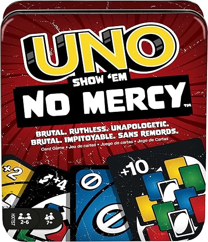 Mattel Games UNO Show ‘em No Mercy Card Game in Storage & Travel Tin for Kids, Adults & Family Night with Extra Cards, Special Rules & Tougher…