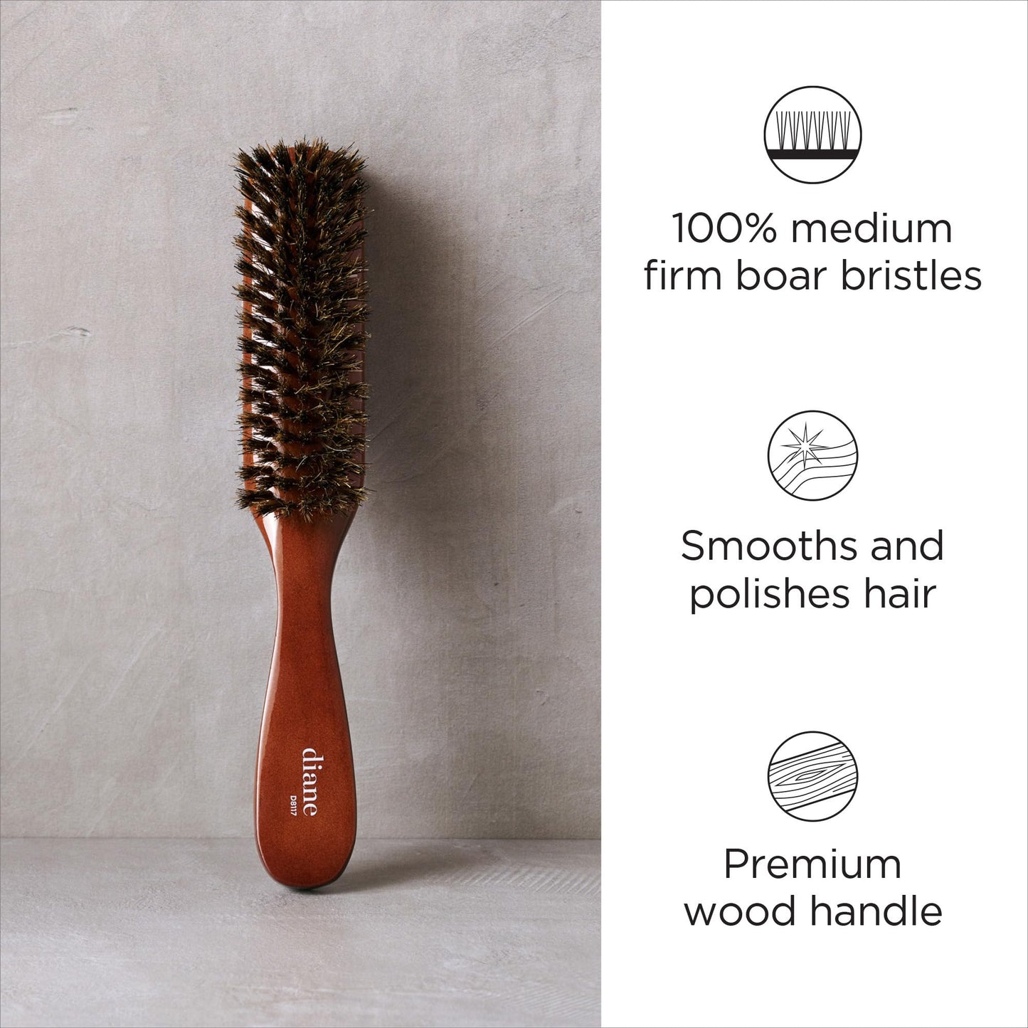 Diane Premium 100% Boar Bristle Styling Brush for Men and Barbers - Medium Bristles for Thick Coarse Hair - Use for Detangling, Smoothing, Wave