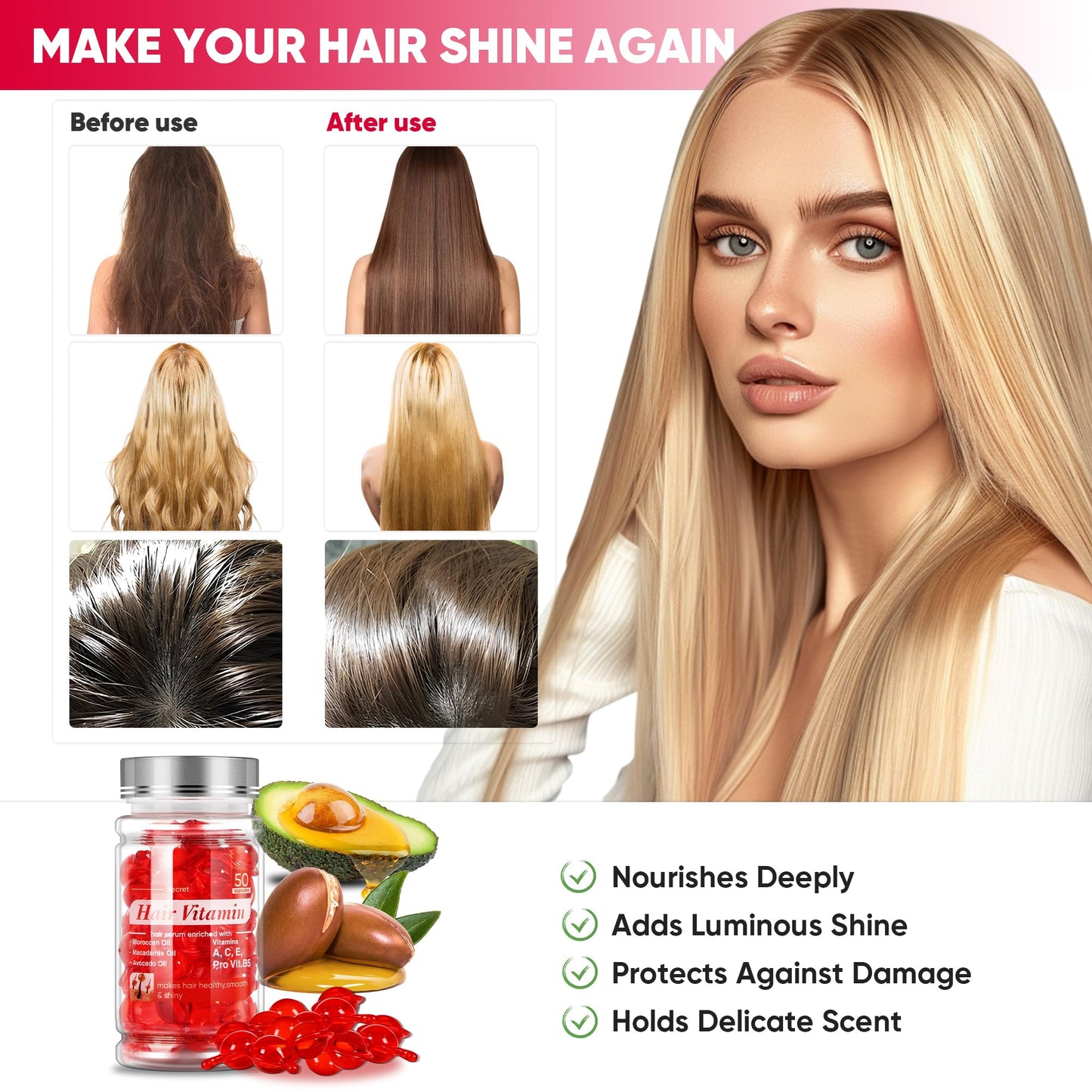 Jaxmoon Hair Treatment Serum - Bali Secret Hair Vitamin, No Rinse with Moroccan Macadamia Avocado Oils, Vitamins A C E Pro Vit B5, 50 Capsules