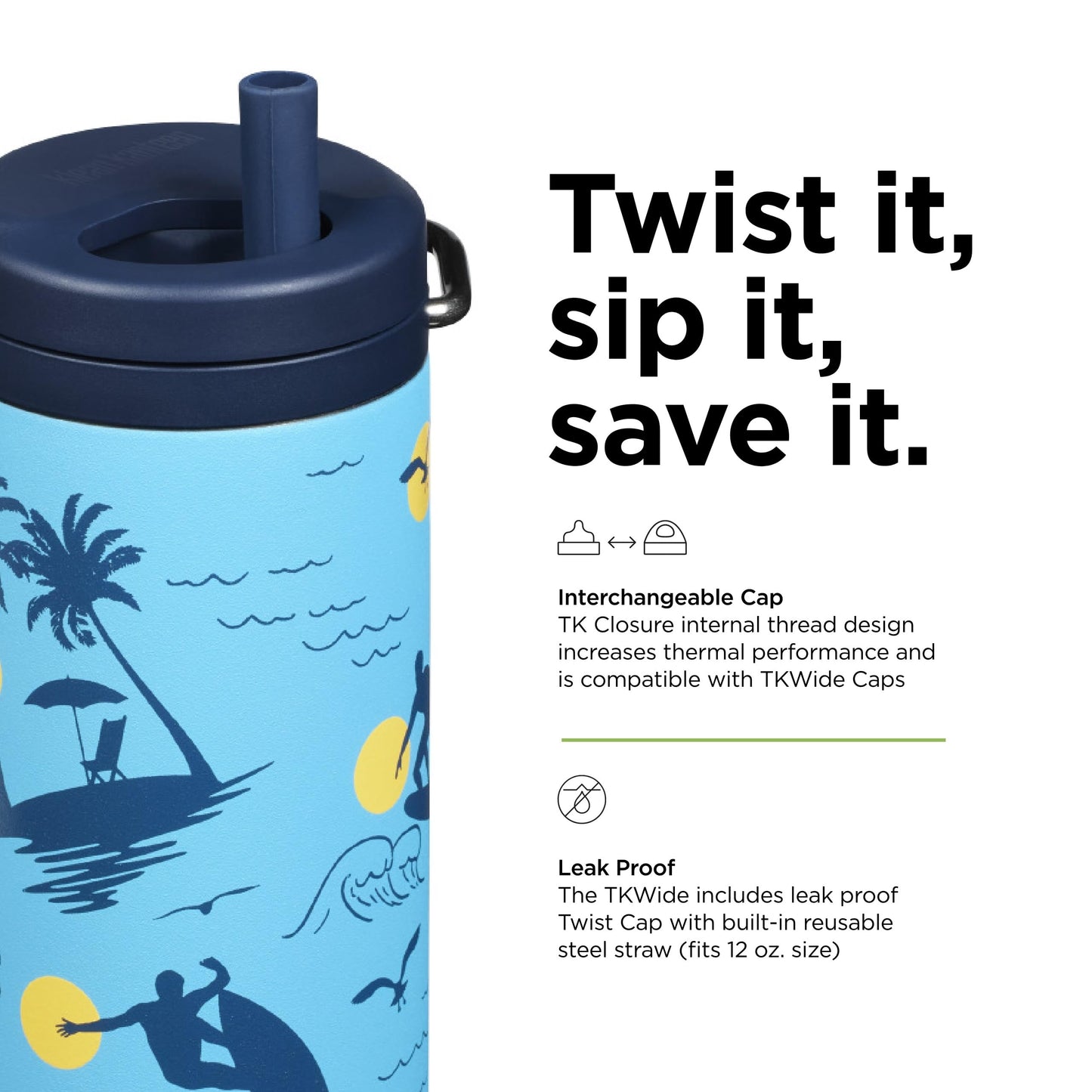 Klean Kanteen TKWide Insulated Bottle - Twist Cap, Steel Straw - Sports & Office - Surfer, 12 oz