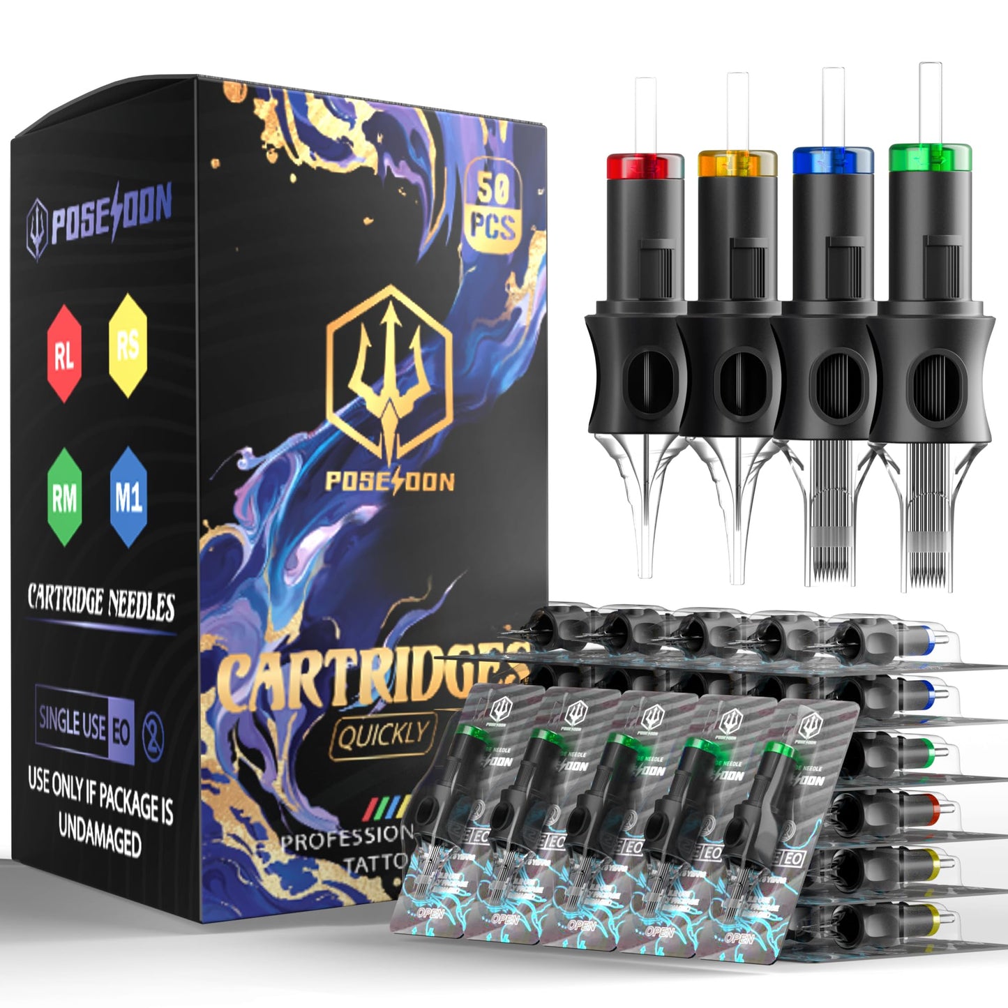 POSEIDON 50PCS Tattoo Cartridge Needles Assorted Mixed Size #12 Round Shader - 1203RS 1205RS 1207RS 1209RS 1211RS with Membrane Professional Beauty and Personal Care Vidattx Default Title