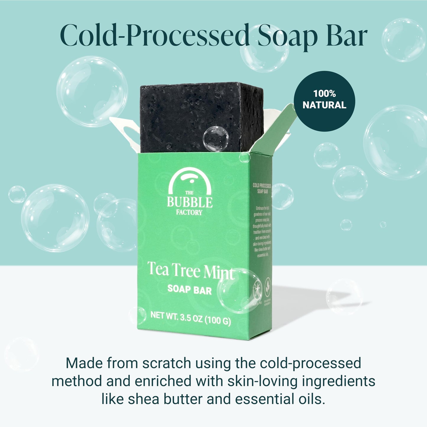 The Bubble Factory Handmade Natural Bath & Body Soap Bar, Vegan, All-Natural, Palm Oil Free, Made in USA with Shea Butter + Essential Oils, Tea Tree