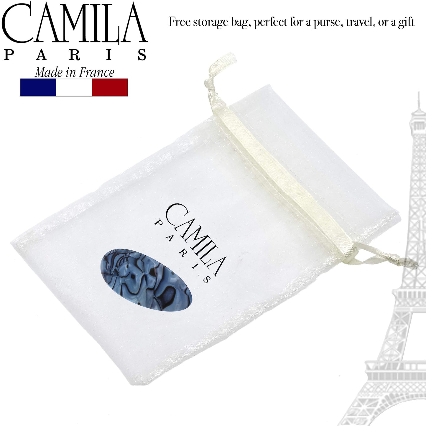 Camila Paris CP2984 French Hair Barrette Clip Handmade Oval Blue, Strong Hold Grip Hair Clips for Women, No Slip Rubberized Metal Closure, Durable