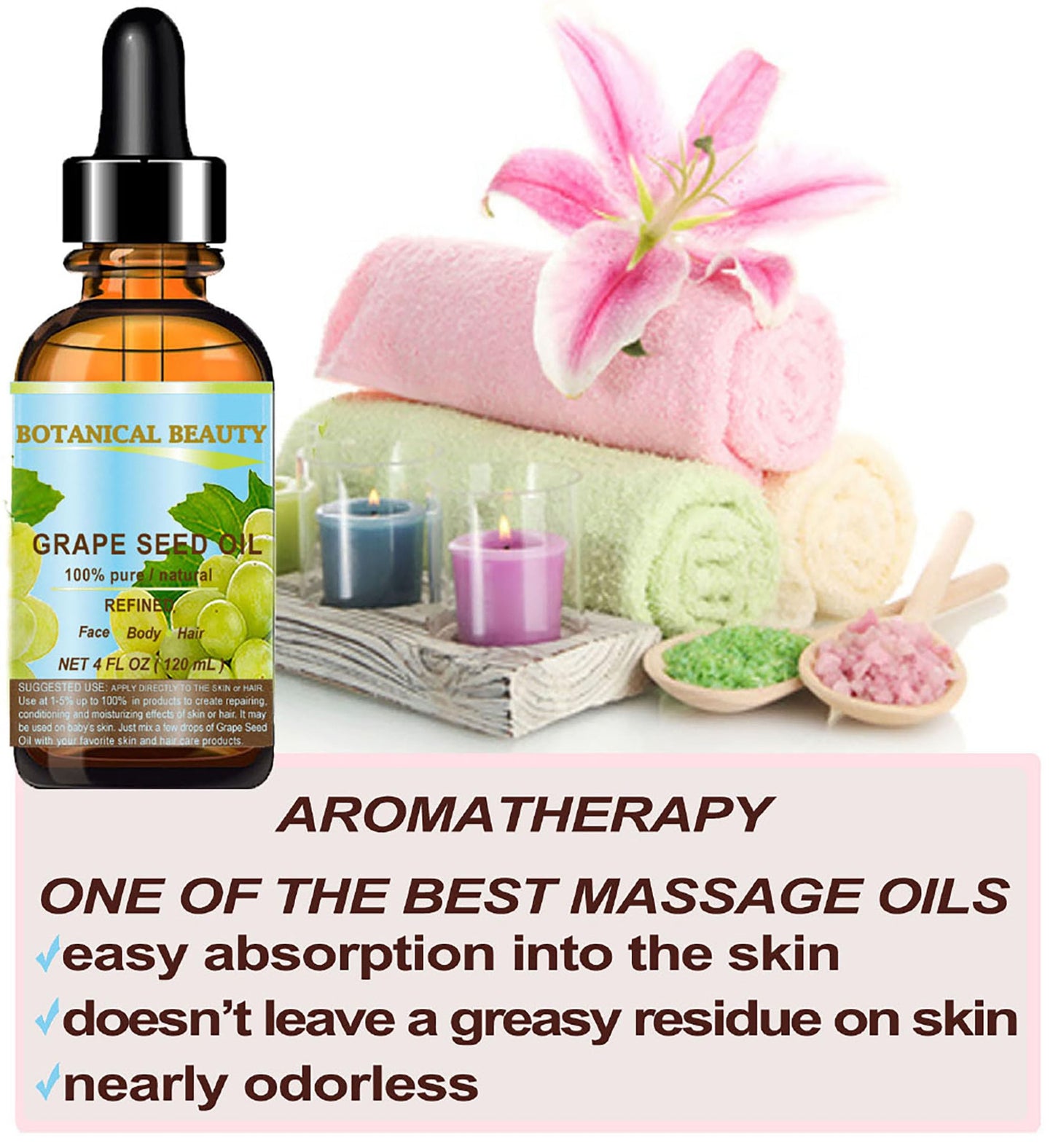 Botanical Beauty GRAPE SEED OIL 100% Pure Natural Undiluted Refined Cold Pressed Carrier Oil for Face, Skin, Body, Hair, Massage, Lip, Nails. 4 Fl