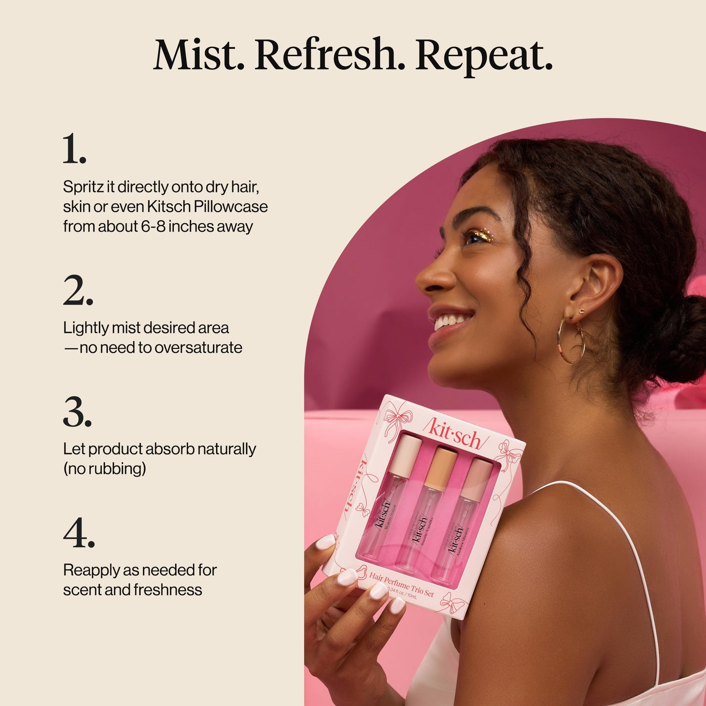 Kitsch Hair Perfume for Women - Trio Set | Clean, Deodorizing & Patented Odor-Eliminating Technology Hair Spray & Body Mist - Freshen Hair, Pillows