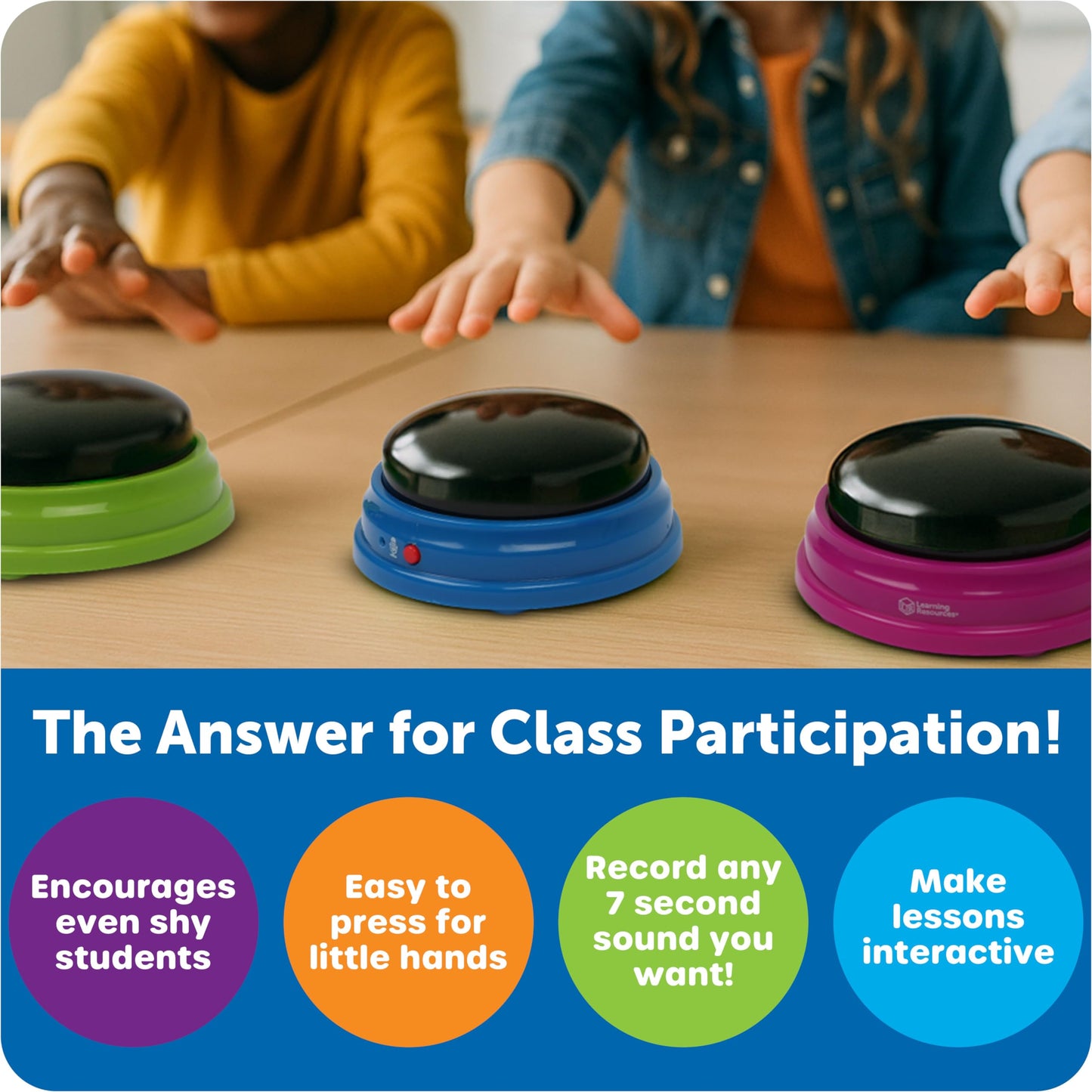 Learning Resources Recordable Answer Buzzers | Set of 4 Sound Buttons for Kids Ages 3+ | Fun Family Game Show & Trivia Night Toy