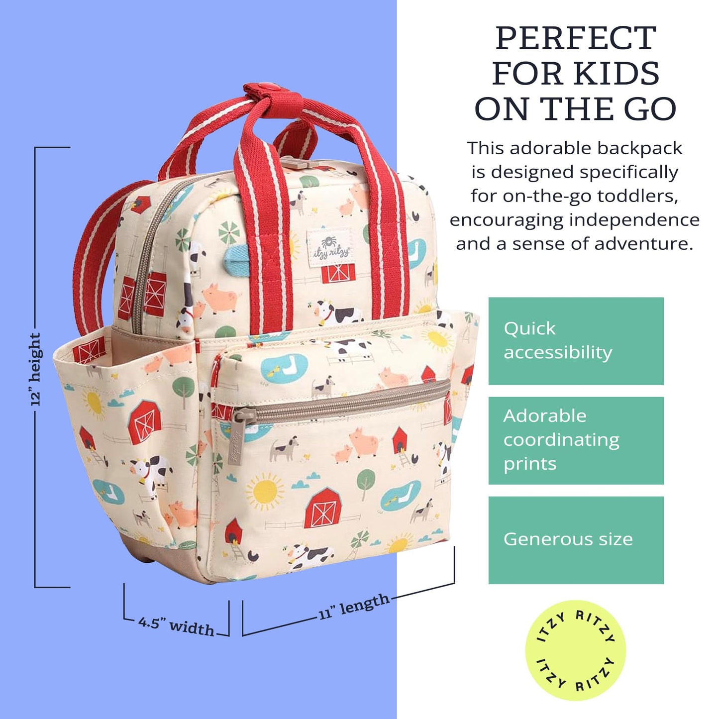 Itzy Ritzy Toddler Backpack - Daycare Bag - Features Adjustable Shoulder Straps, 2 Side Pockets & Spacious Interior with Wipeable Fabric Lining & Name Label, Farm Backpack