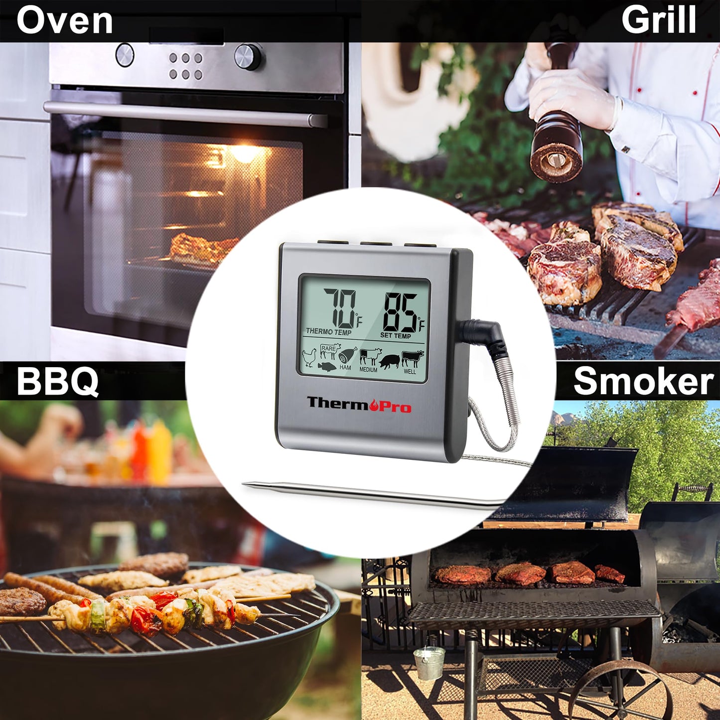 ThermoPro TP16 Digital Meat Thermometer with Large LCD, Timer & Stainless Steel Probe for Oven, Smoker, BBQ & Kitchen