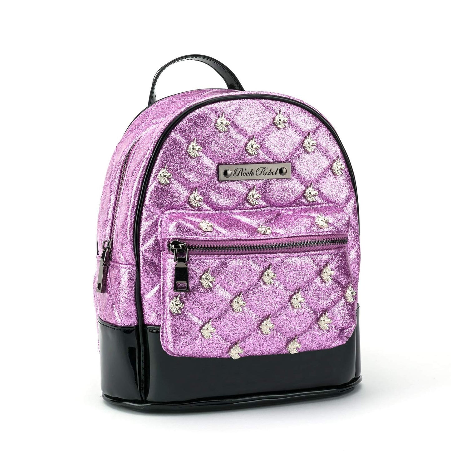 Rock Rebel Unicorn Studded Quilted Mini Backpack Pink Glitter