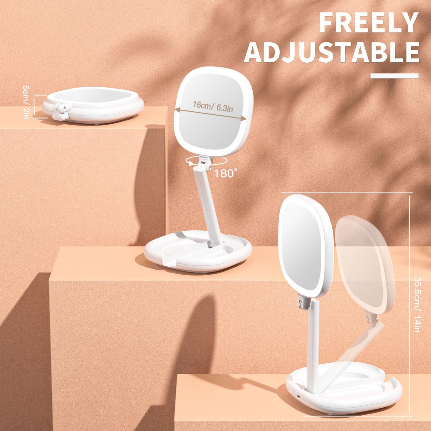 Beautifive 6.3” Makeup Mirror with Light and Magnification, 10X/1X Light Up Makeup Mirror Lighted Make Up Mirror with Adjustable Height Double Sides