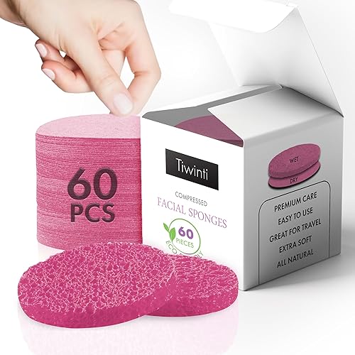 TiwinTi 60 Count Compressed Facial Sponges - Natural Wood Pulp Round Esthetician Face Sponges for Cleansing, Daily Face Washing, Exfoliating Makeup