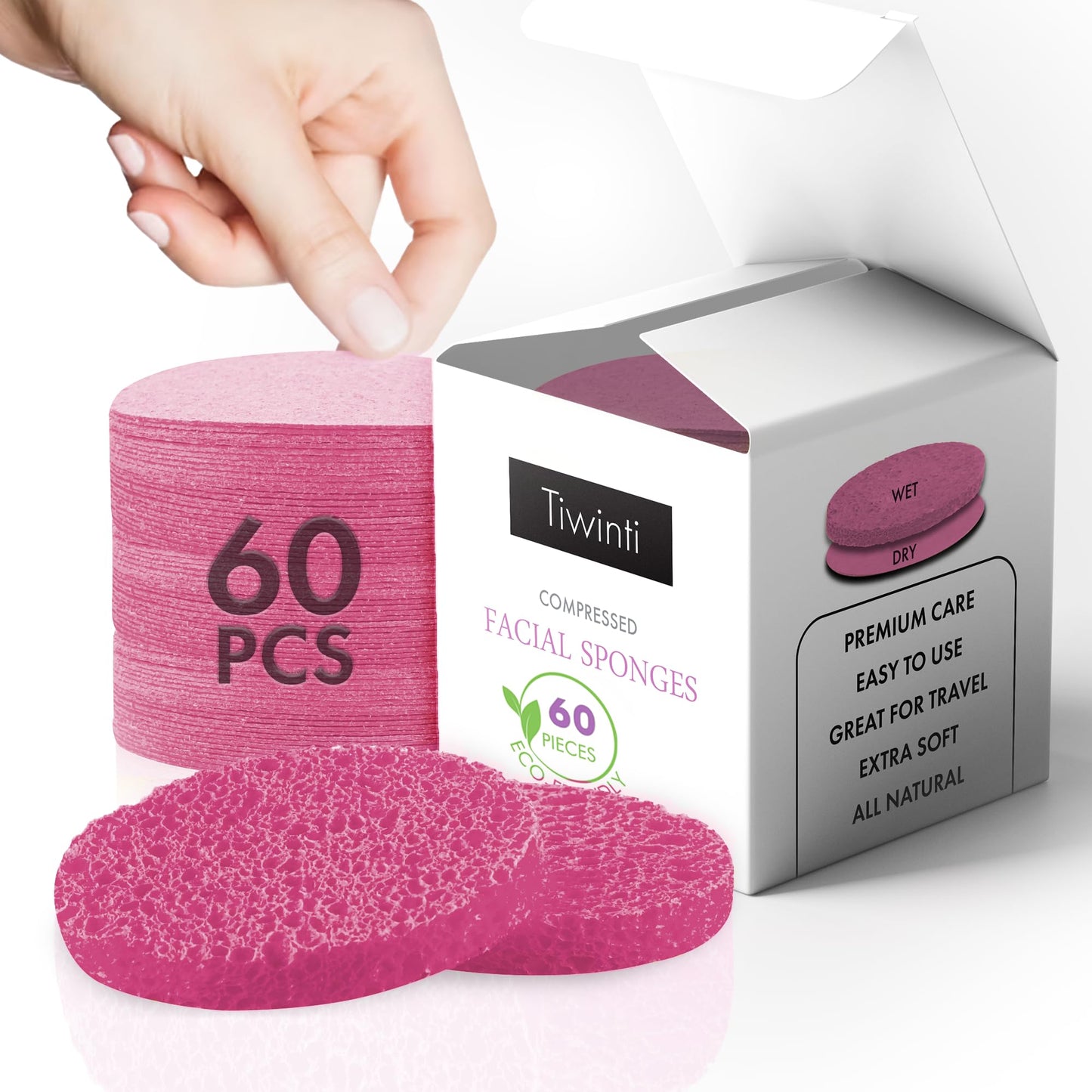 TiwinTi 60 Count Compressed Facial Sponges - Natural Wood Pulp Round Esthetician Face Sponges for Cleansing, Daily Face Washing, Exfoliating Makeup