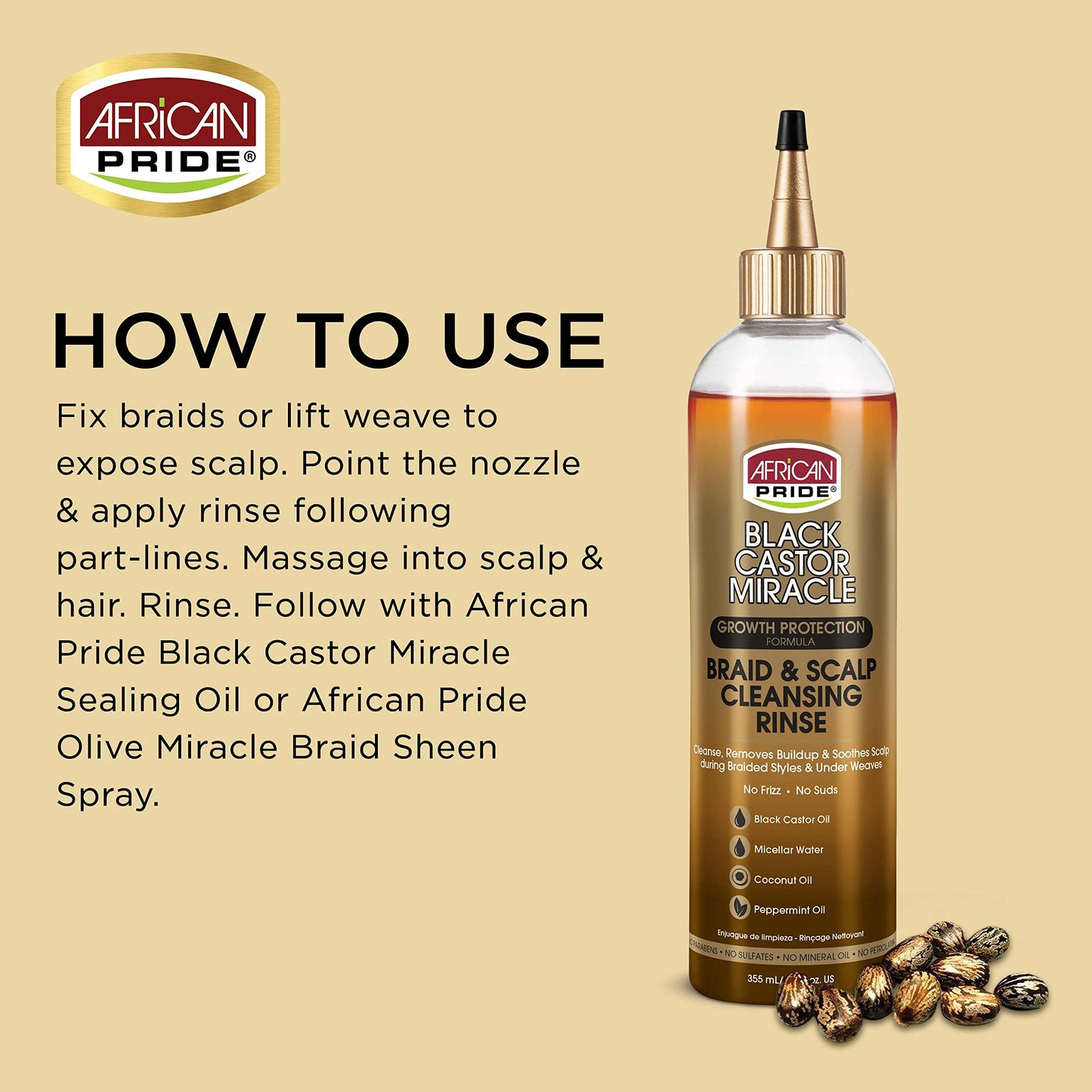 African Pride Black Castor Miracle Braid & Scalp Cleansing Rinse - Removes Hair Build Up & Soothes Scalp, No Frizz, Contains Black Castor Oil