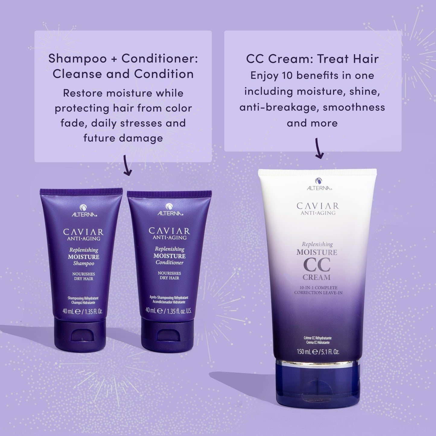CAVIAR Anti-Aging Style & Shine Replenishing Moisture Gift Set |CC Cream 5.1oz, Travel Size Moisture Shampoo and Conditioner Set | Leave-In Hair