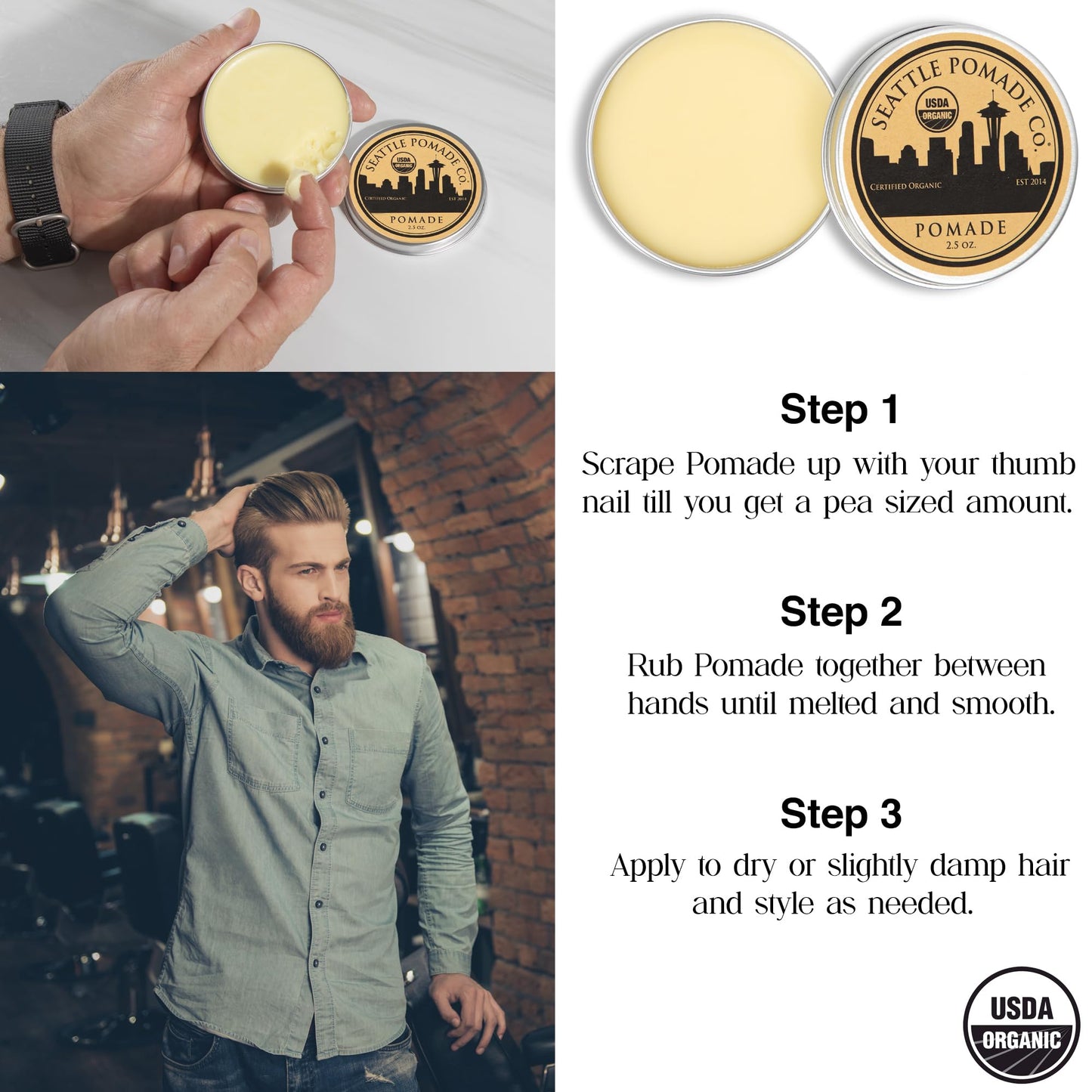Seattle Pomade Co. USDA Certified Organic Pomade. Medium Hold & High Shine, Hair Styling Formula Non GMO, Made with organic materials from around the