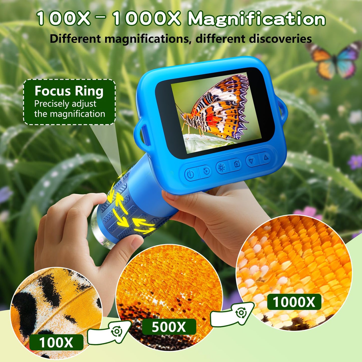 Odatay Kids Microscope – 100x-1000x 1080P Digital Handheld with 12 Slides, Portable Science Toy Gift for Boys & Girls Ages 3–12, Blue
