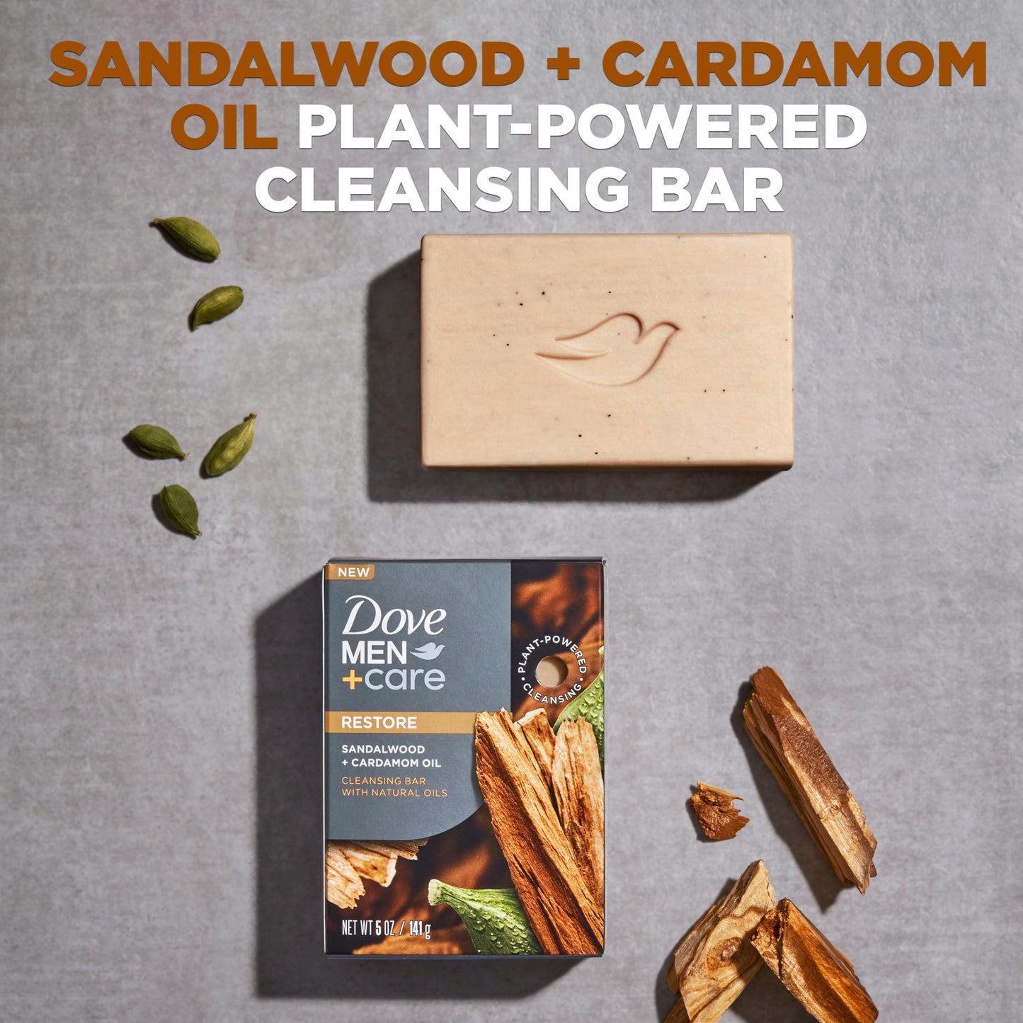 Dove Men+Care Cleansing Bar Soap Sandalwood + Cardamom Oil 4 Bars to Rebuild Skin in the Shower, a 4in1 Hair, Body, Face & Shaving Bar