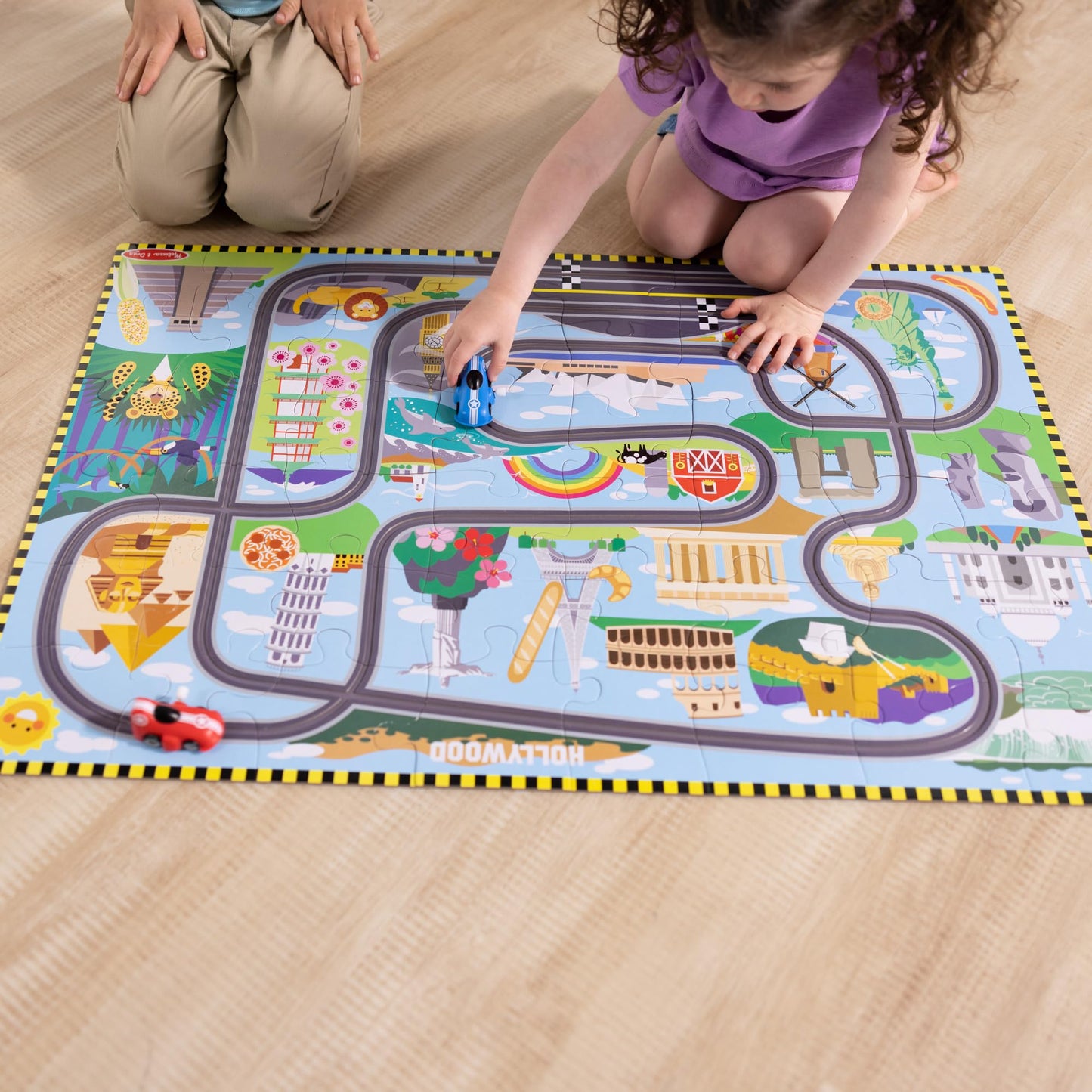 Melissa & Doug Race Around The World Floor Puzzle – 48-Piece Cardboard Jigsaw with Wind-Up Vehicles, Educational Toy for Kids Ages 4+, FSC Certified