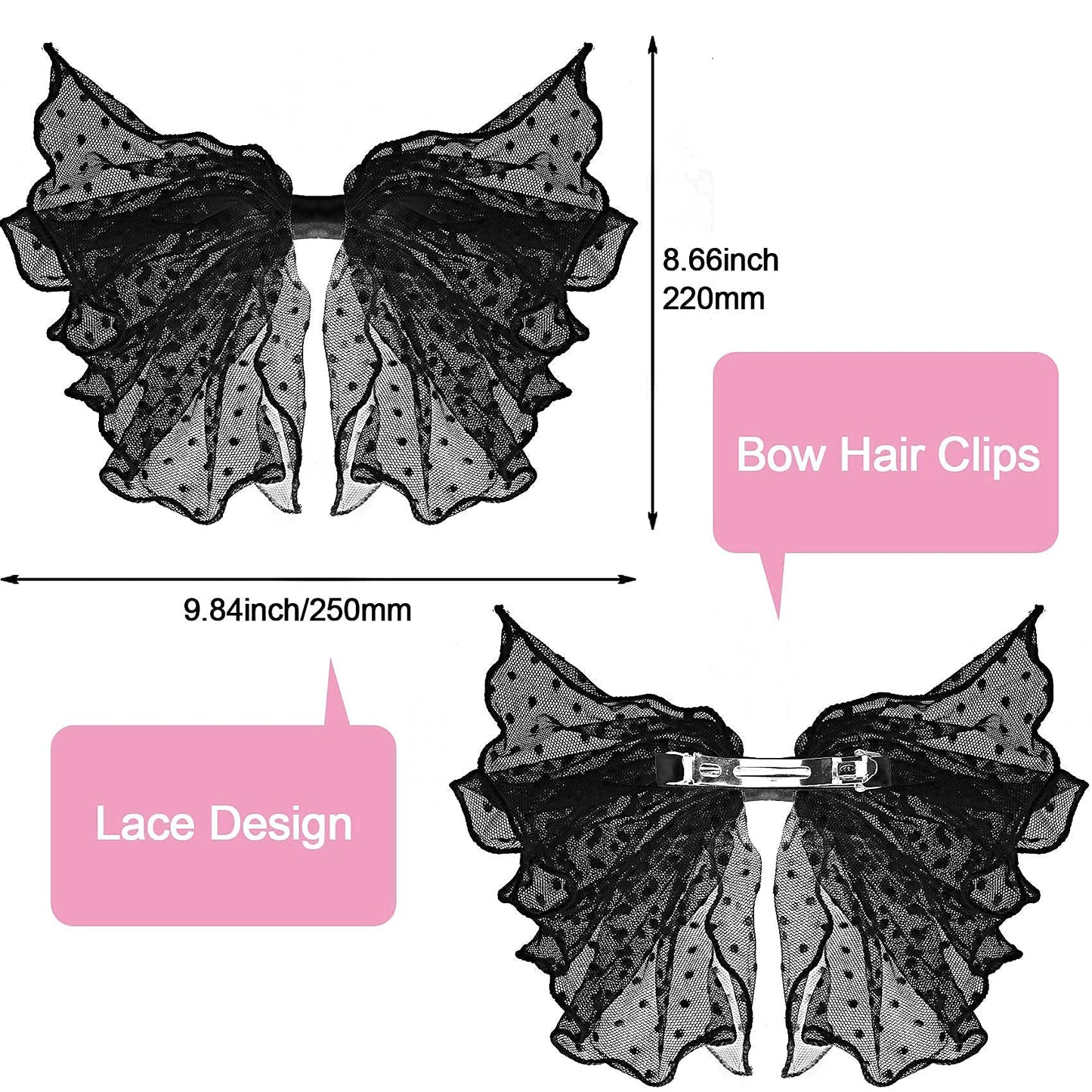 OIIKI 2 Pack Korean-Style Lace Mesh Barrette Hair Clips, Breathable Flower Dot Clips for Wedding, Party, Valentine's Day (Black, White)