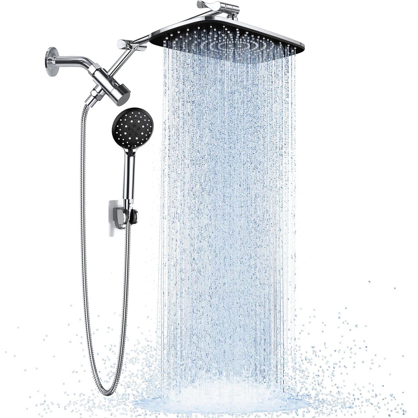Veken Rain Shower Head Combo – 6-Mode Handheld High Pressure Showerhead with Arm & Anti-Clog Nozzles – Silver Chrome