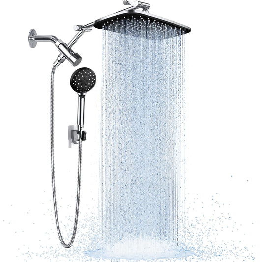 Veken Rain Shower Head Combo – 6-Mode Handheld High Pressure Showerhead with Arm & Anti-Clog Nozzles – Silver Chrome