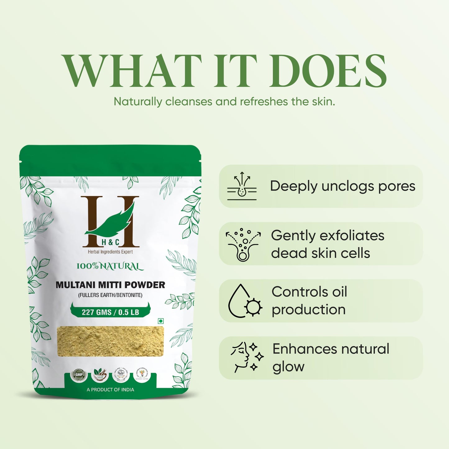 H&C Herbal Ingredients Expert 100% Pure Fuller's Earth Clay (Multani Mitti) - 1/2 lb / 227 gm | Exfoliates & Cleanse the Skin | Helps Removing Dead