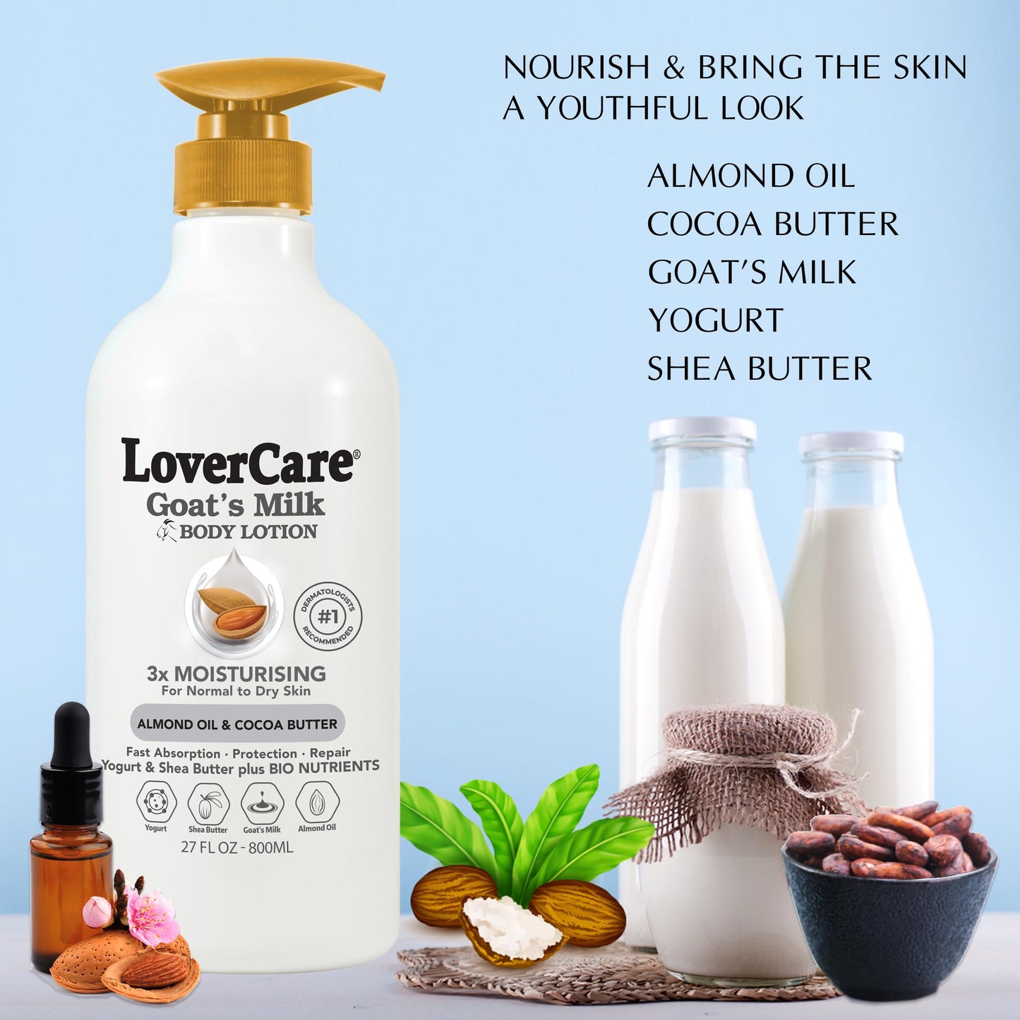 Lovercare Goat Milk Body Lotion for Dry Skin Almond Oil & Cocoa Butter 27.05oz (800ml) - Single…