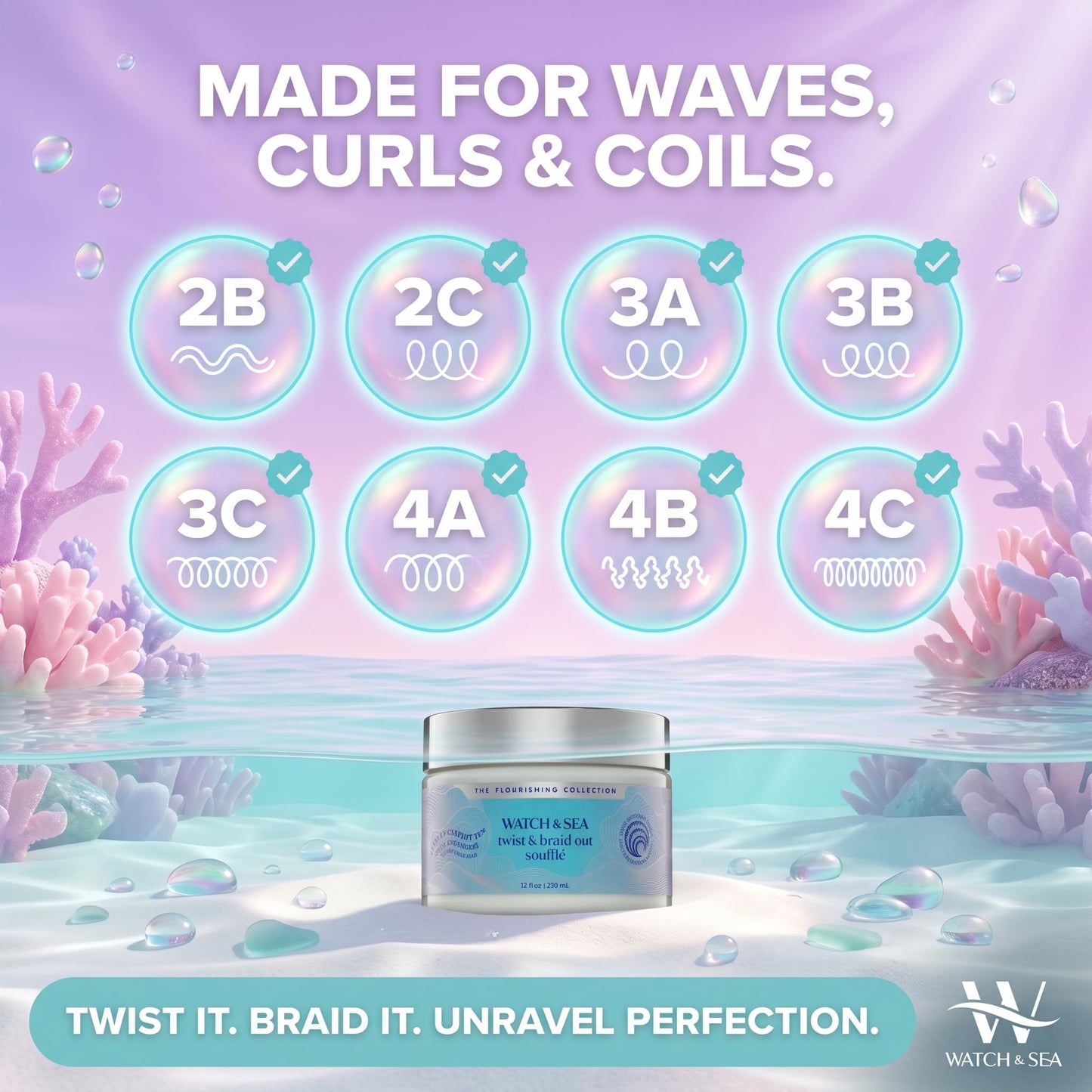 Watch & Sea Twist & Braid Out Soufflé - Nourishing Ingredients with Seaweed and Sea Kelp - Twist and Braid Cream for All Hair Types - 12 oz
