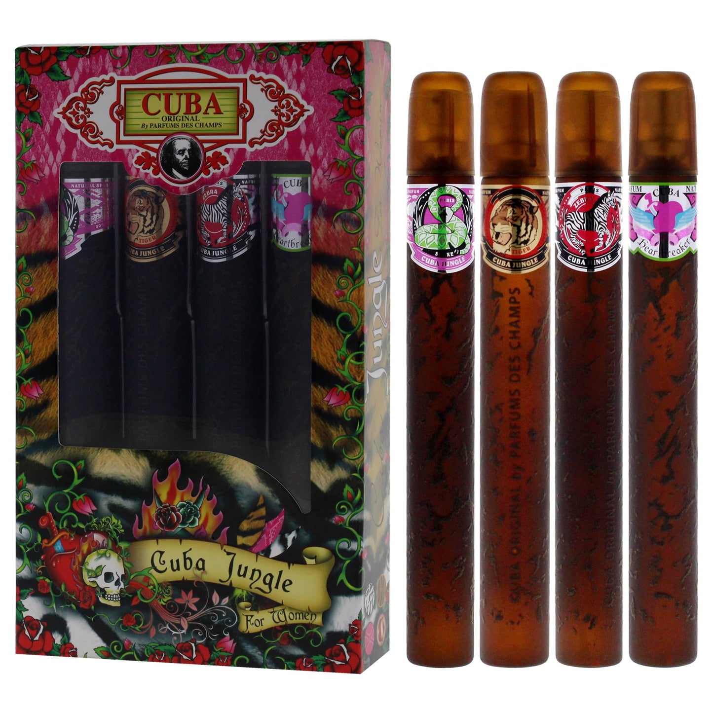 Cuba Jungle 4 Pieces Gift Set for Women, (Snake + Tiger + Zebra + Heartbreaker 4×1.17 Ounce Eau de Parfum Spray)
