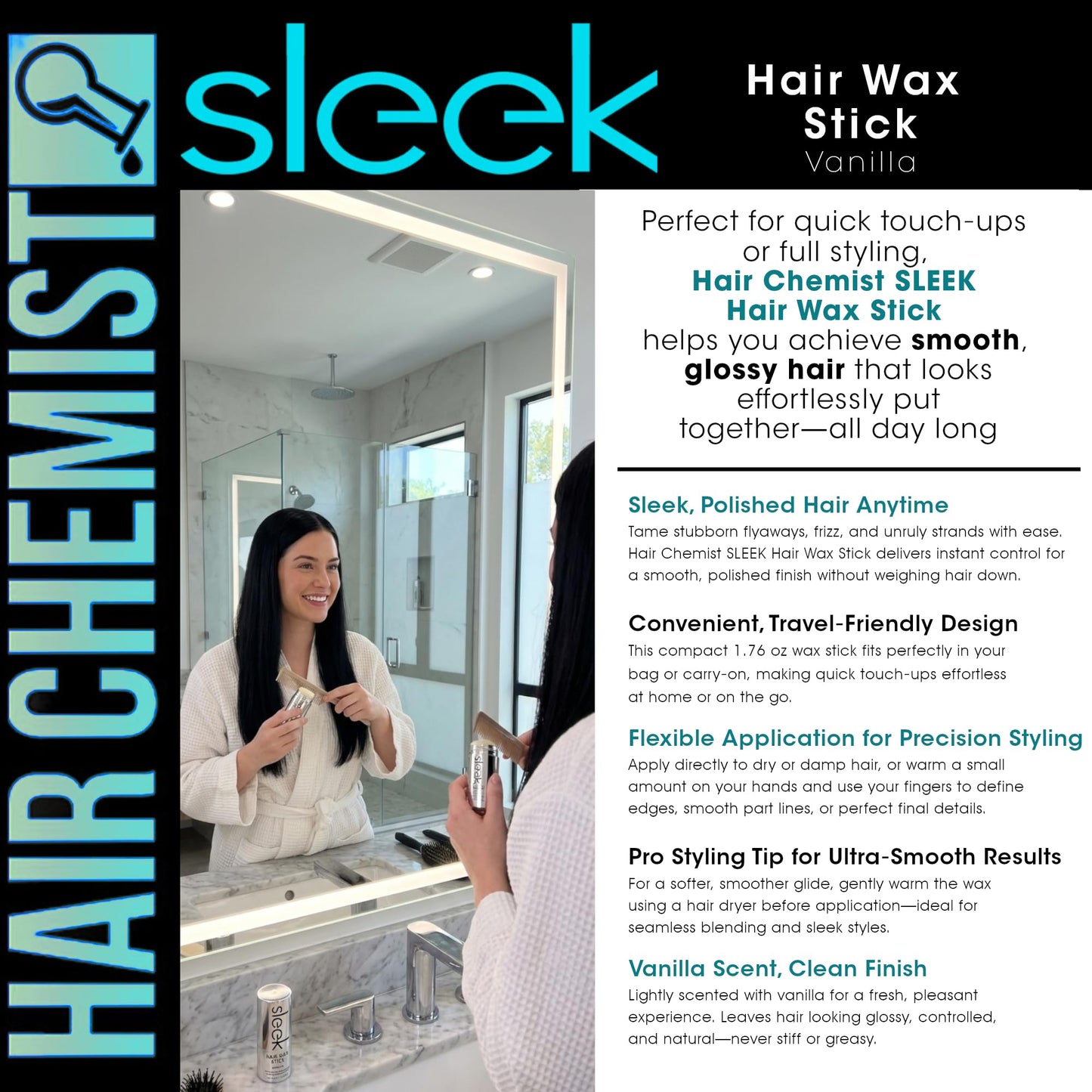 Hair Chemist SLEEK Hair Wax Stick - Vanilla 1.76 oz. | Flyaway Tamer & Edge Control | Smooth, Polished Finish | Travel?Friendly