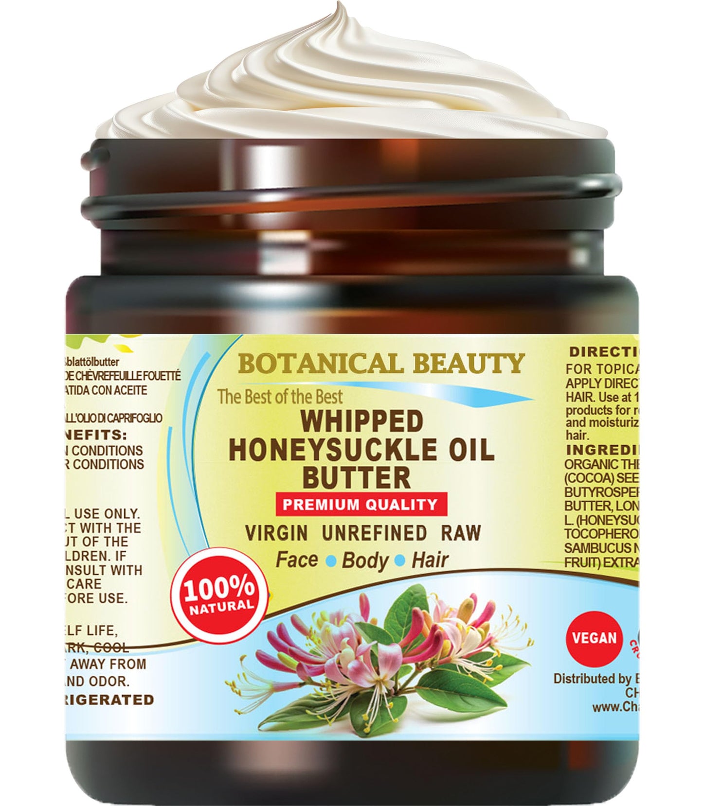 Botanical Beauty Whipped HONEYSUCKLE OIL BUTTER 100% Natural Pure RAW. Cocoa Butter, Shea Nut Butter, Honeysuckle Essential Oil Virgin Unrefined Cold