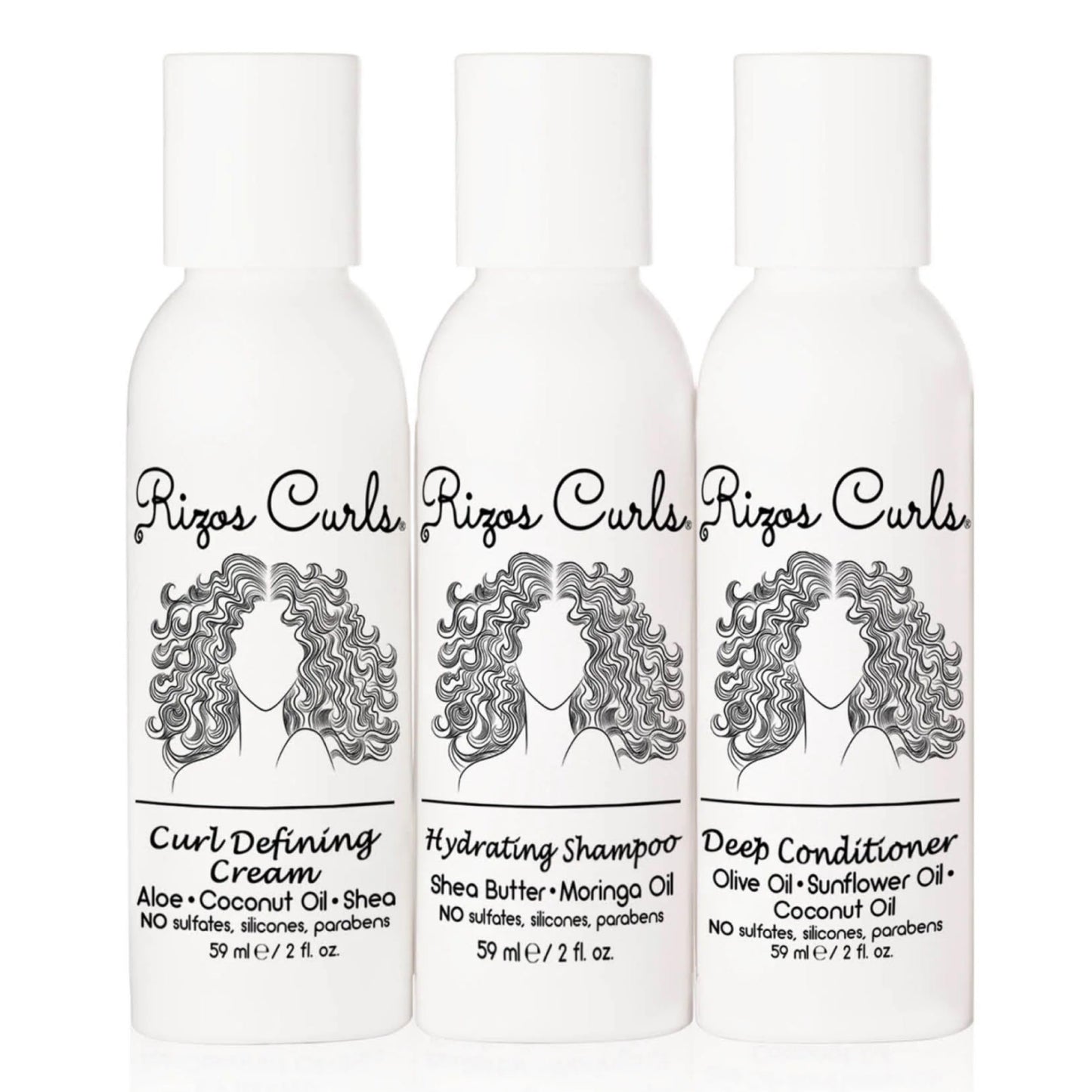 Rizos Curls Trio Travel Curl Kit, Includes Travel Hydrating Shampoo, Travel Deep Conditioner, Travel Curl Cream, Gently Cleanse, Hydrate and Style