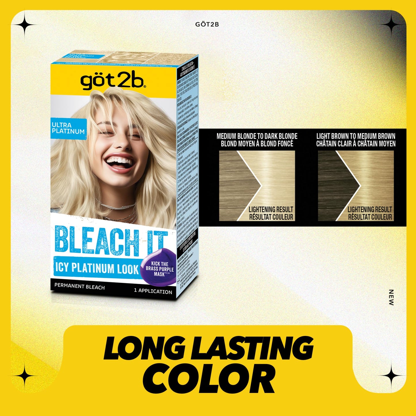 got2b Bleach It Permanent Hair Dye, Ultra Platinum Blonde, 00A, Hair Bleach Kit with Developer and Anti-Brass Purple Mask, Lightens Up to 8 Levels