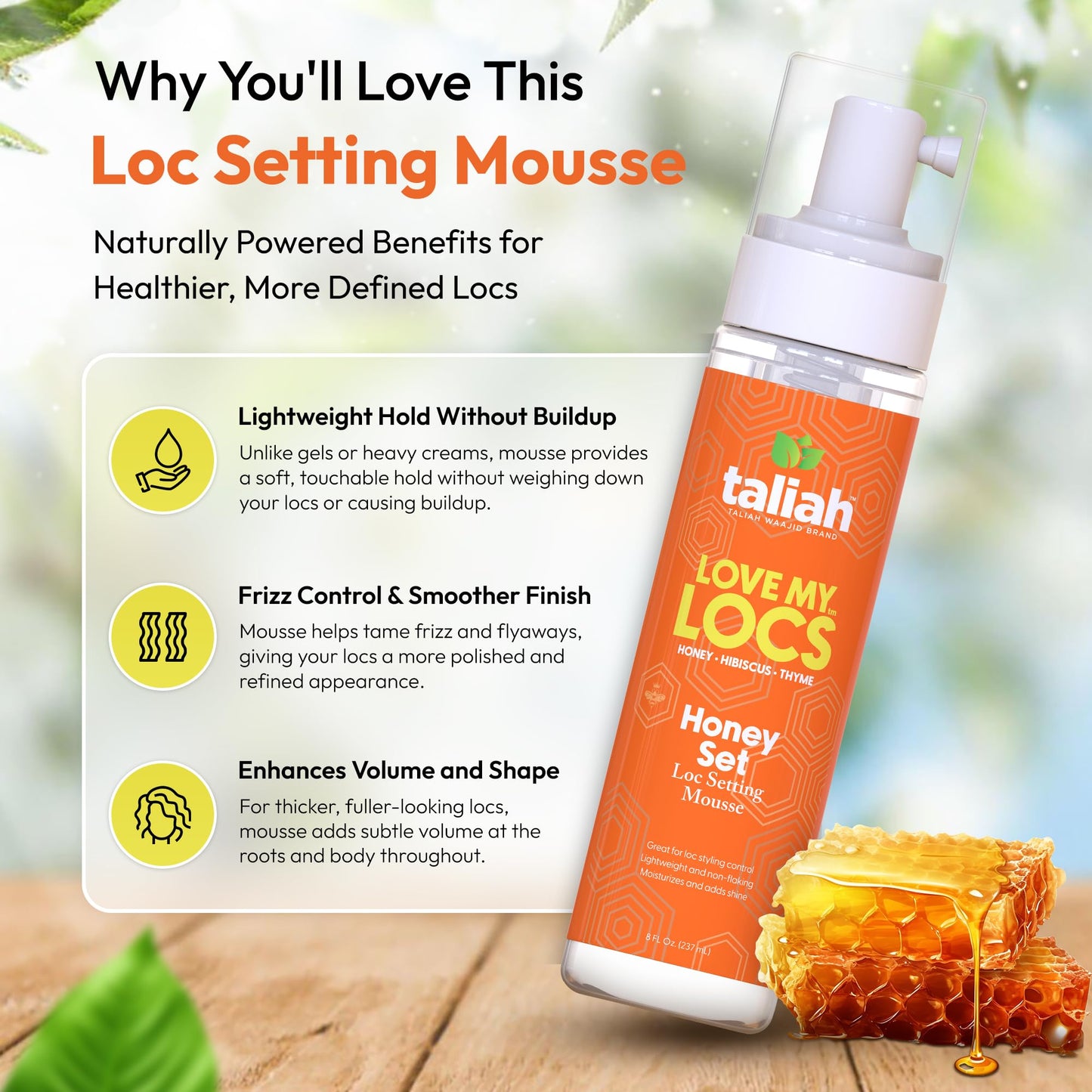 Taliah Waajid Love My Locs Honey Set Loc Hair Mousse 8oz - Alcohol-Free, Moisturizing, Firm Hold Mousse for Locs, Twists & Braids, Natural Hair