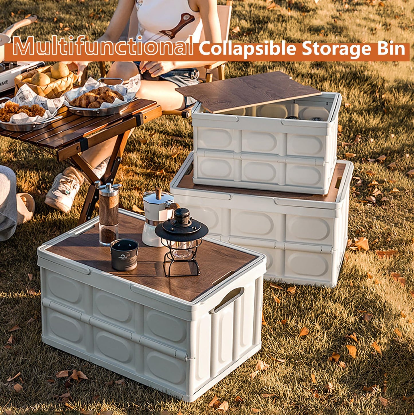 VPTMRP Collapsible Storage Bin with Handles and Wooden Lid, Large Capacity Stackable Utility Crates Holds 33lbs for Outdoor Home Storage Organizing…