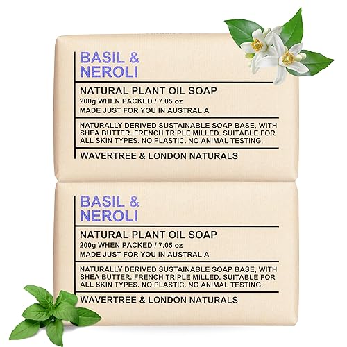 Wavertree & London Basil & Neroli Scented Natural Soap Bars (2 Bars), 7oz Moisturizing French Triple Milled Soap enriched with shea butter - Plant Oil