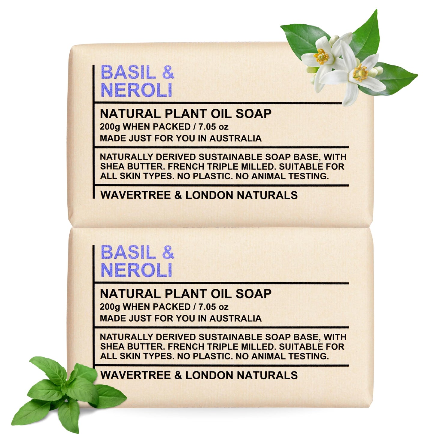 Wavertree & London Basil & Neroli Scented Natural Soap Bars (2 Bars), 7oz Moisturizing French Triple Milled Soap enriched with shea butter - Plant Oil